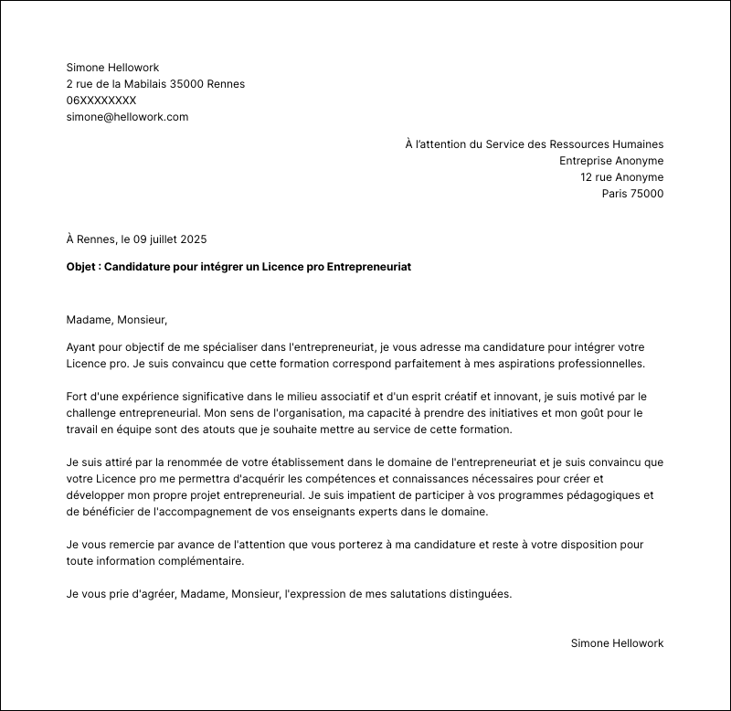 Modèle lettre de motivation Licence pro Entrepreneuriat Exemple lettre de motivation Licence pro Entrepreneuriat
