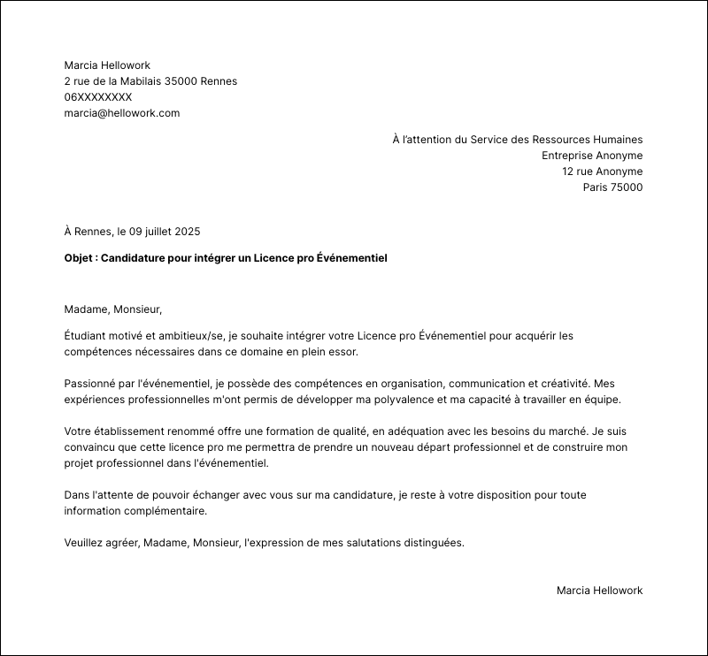 Modèle lettre de motivation Licence pro Événementiel Exemple lettre de motivation Licence pro Événementiel