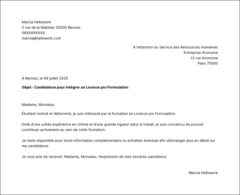 Modèle lettre de motivation Licence pro Formulation Exemple lettre de motivation Licence pro Formulation