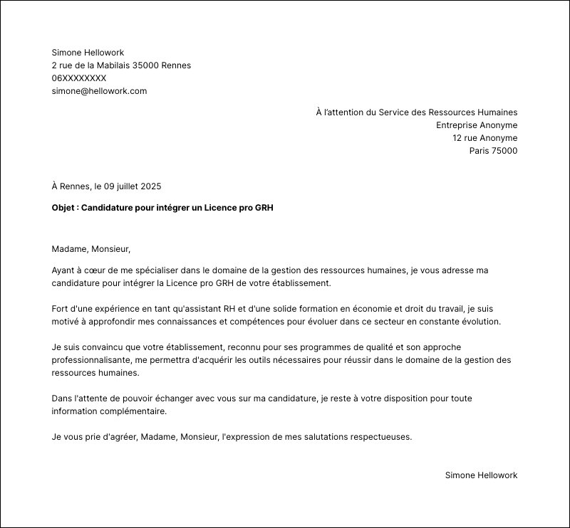 Modèle lettre de motivation Licence pro GRH Exemple lettre de motivation Licence pro GRH