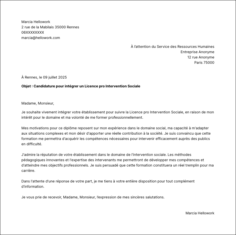 Exemple lettre de motivation Licence pro Intervention Sociale