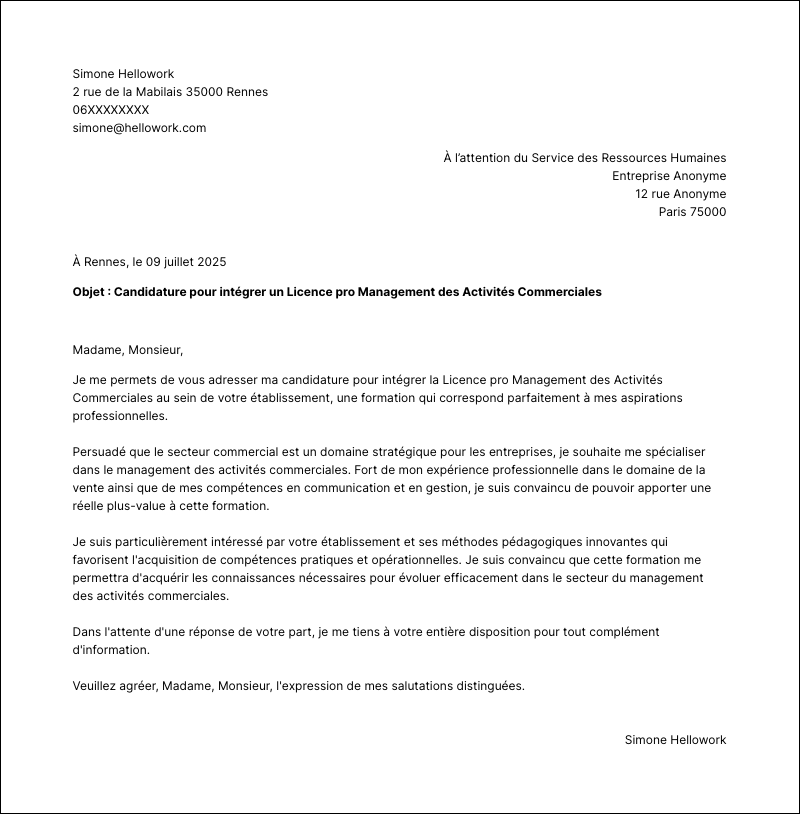 Modèle lettre de motivation Licence pro Management des Activités Commerciales Exemple lettre de motivation Licence pro Management des Activités Commerciales