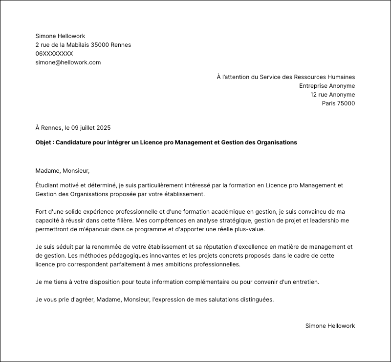 Exemple lettre de motivation Licence pro Management et Gestion des Organisations