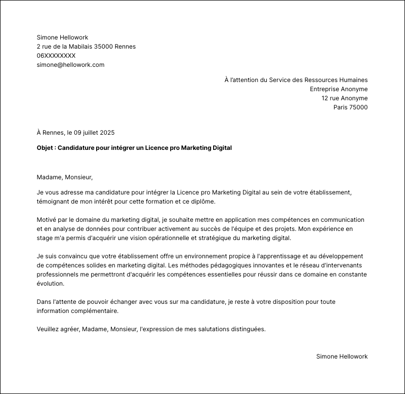 Modèle lettre de motivation Licence pro Marketing Digital Exemple lettre de motivation Licence pro Marketing Digital