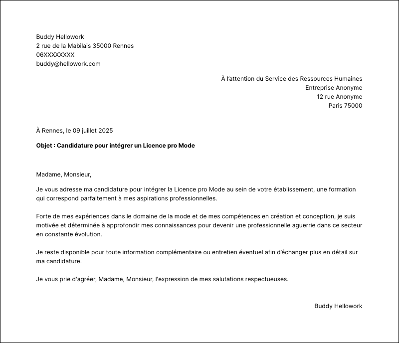 Modèle lettre de motivation Licence pro Mode Exemple lettre de motivation Licence pro Mode