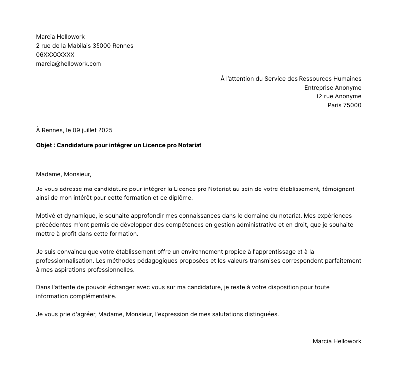 Modèle lettre de motivation Licence pro Notariat Exemple lettre de motivation Licence pro Notariat
