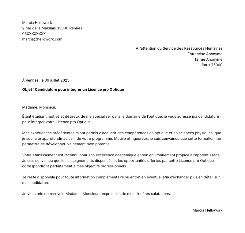 Modèle lettre de motivation Licence pro Optique Exemple lettre de motivation Licence pro Optique