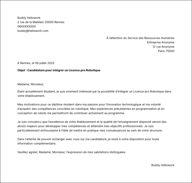 Modèle lettre de motivation Licence pro Robotique Exemple lettre de motivation Licence pro Robotique