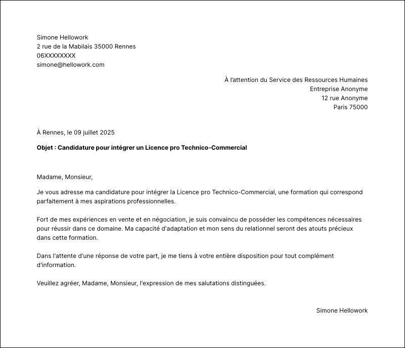 Modèle lettre de motivation Licence pro Technico-Commercial Exemple lettre de motivation Licence pro Technico-Commercial