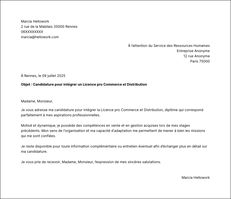 Modèle lettre de motivation Licence pro Commerce et Distribution Exemple lettre de motivation Licence pro Commerce et Distribution