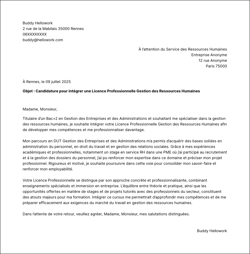 Modèle lettre de motivation Licence pro Exemple lettre de motivation Licence pro