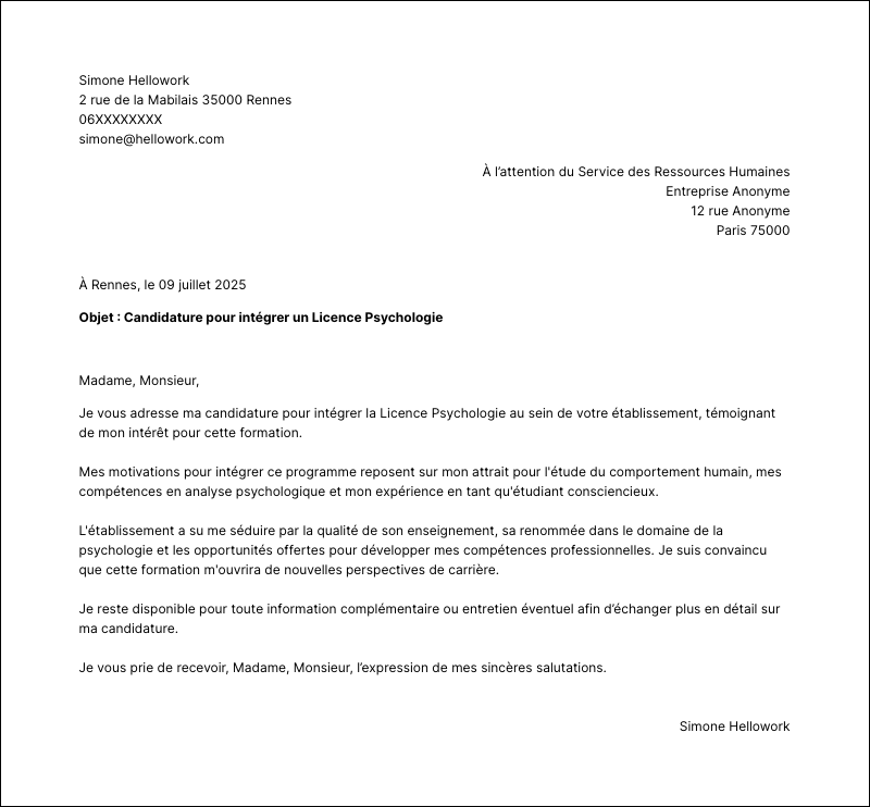Exemple lettre de motivation Licence Psychologie