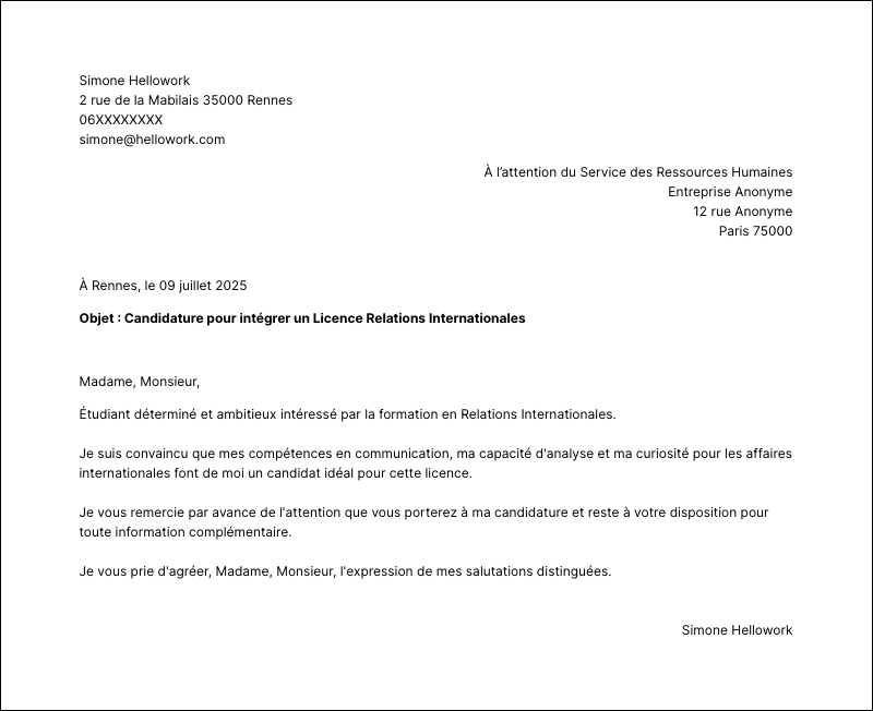 Exemple lettre de motivation Licence Relations Internationales