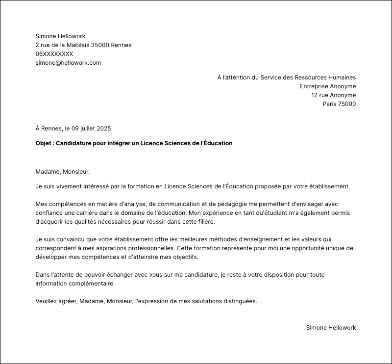Modèle lettre de motivation Licence Sciences de l’Éducation Exemple lettre de motivation Licence Sciences de l’Éducation