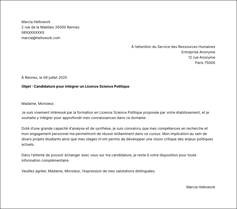 Modèle lettre de motivation Licence Science Politique Exemple lettre de motivation Licence Science Politique