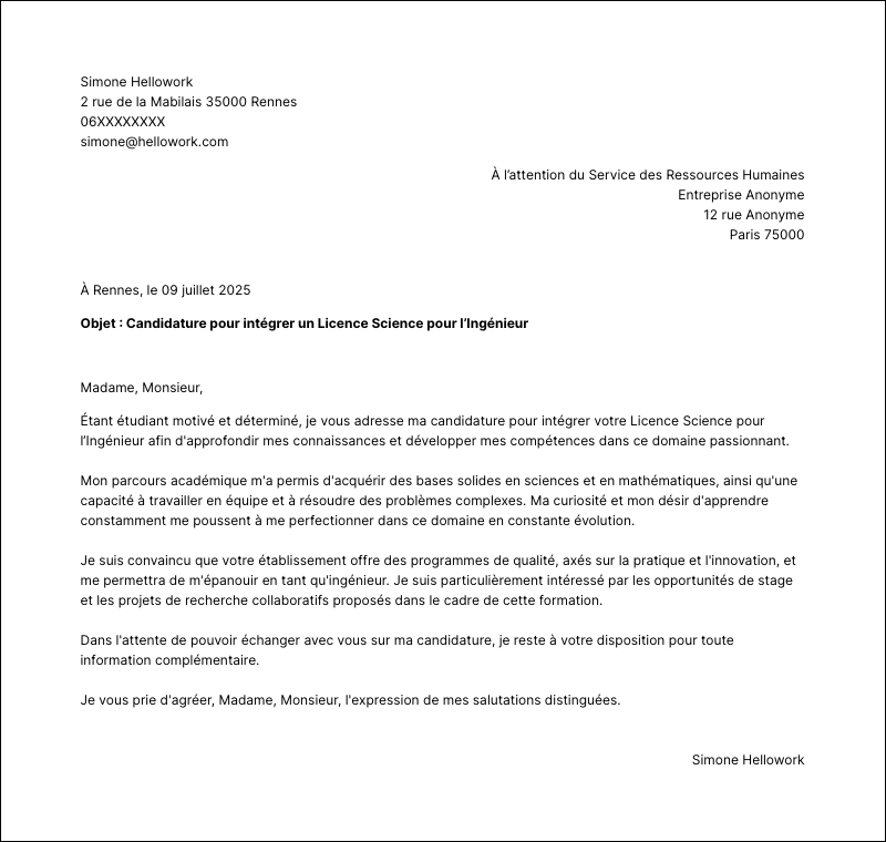 Modèle lettre de motivation Licence Science pour l’Ingénieur Exemple lettre de motivation Licence Science pour l’Ingénieur
