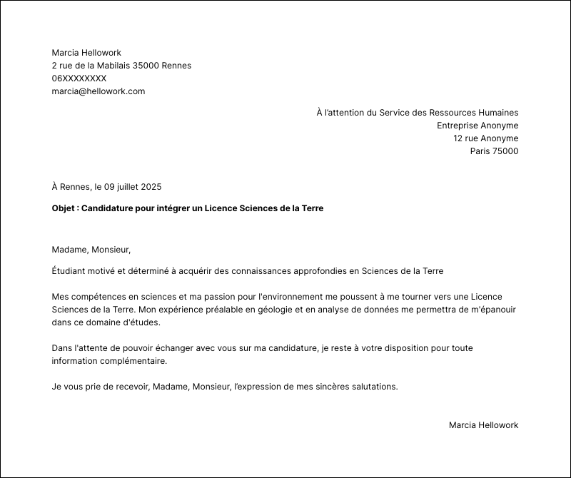 Modèle lettre de motivation Licence Sciences de la Terre Exemple lettre de motivation Licence Sciences de la Terre