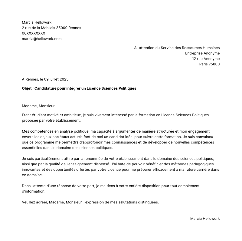 Modèle lettre de motivation Licence Sciences Politiques Exemple lettre de motivation Licence Sciences Politiques