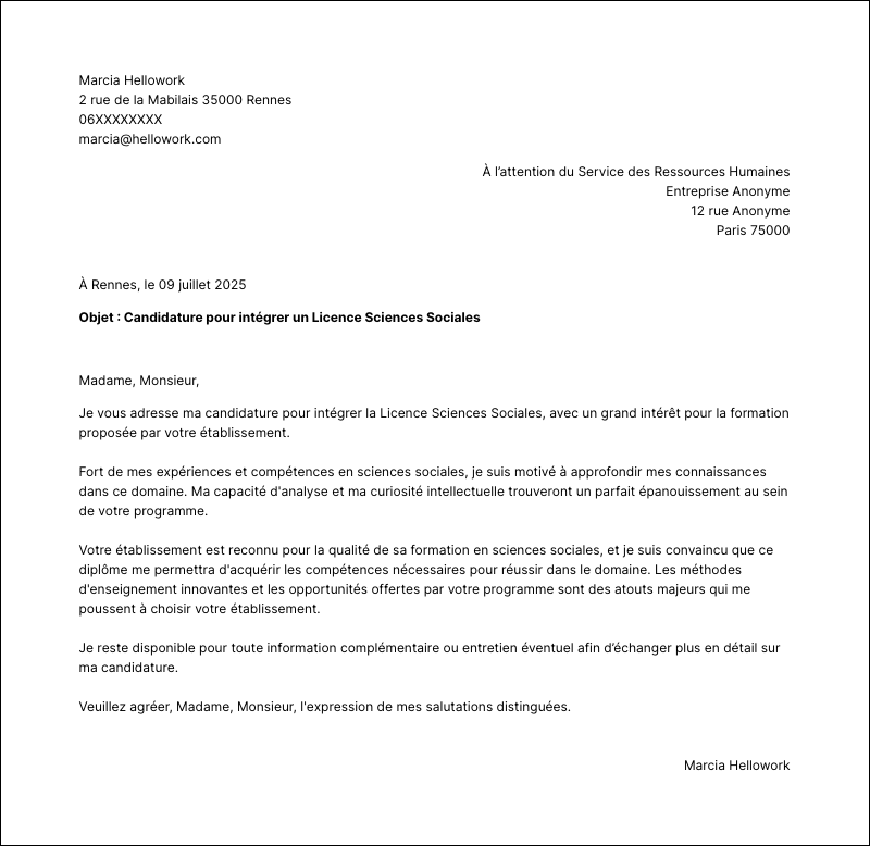 Modèle lettre de motivation Licence Sciences Sociales Exemple lettre de motivation Licence Sciences Sociales