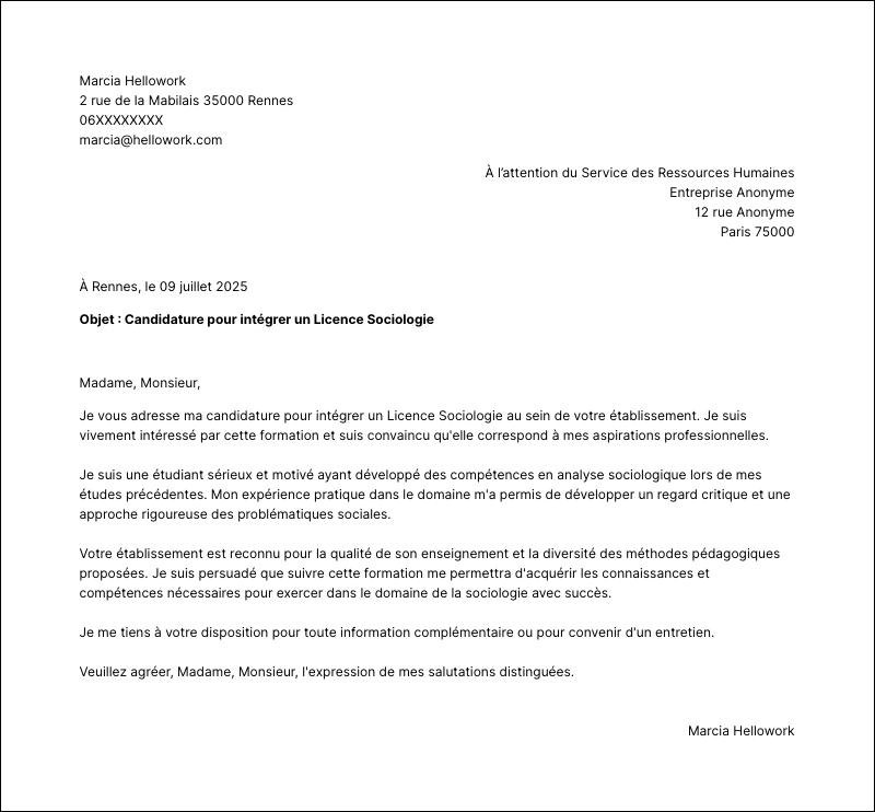 Exemple lettre de motivation Licence Sociologie