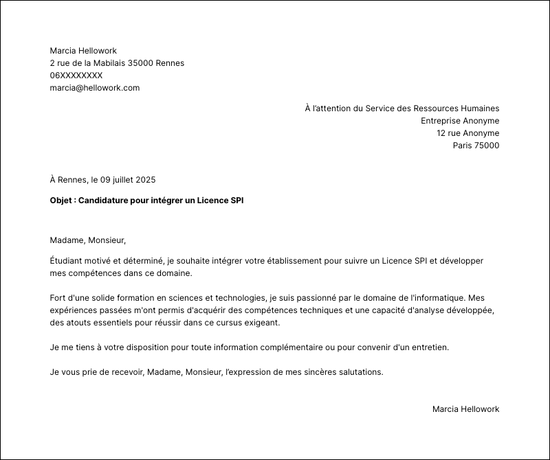 Exemple lettre de motivation Licence SPI