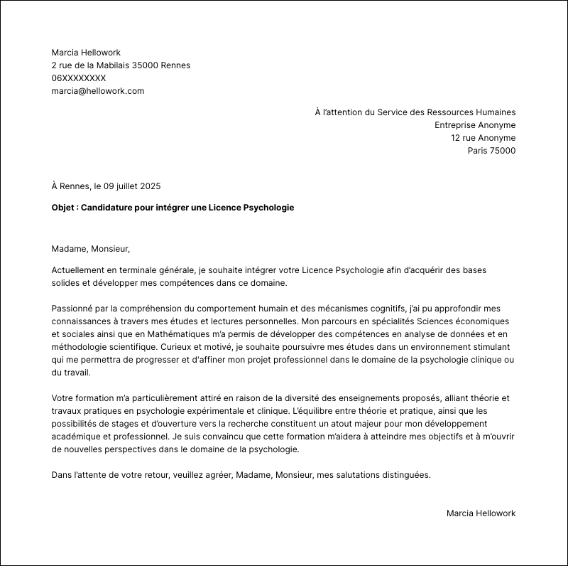 Modèle lettre de motivation Licence Exemple lettre de motivation Licence