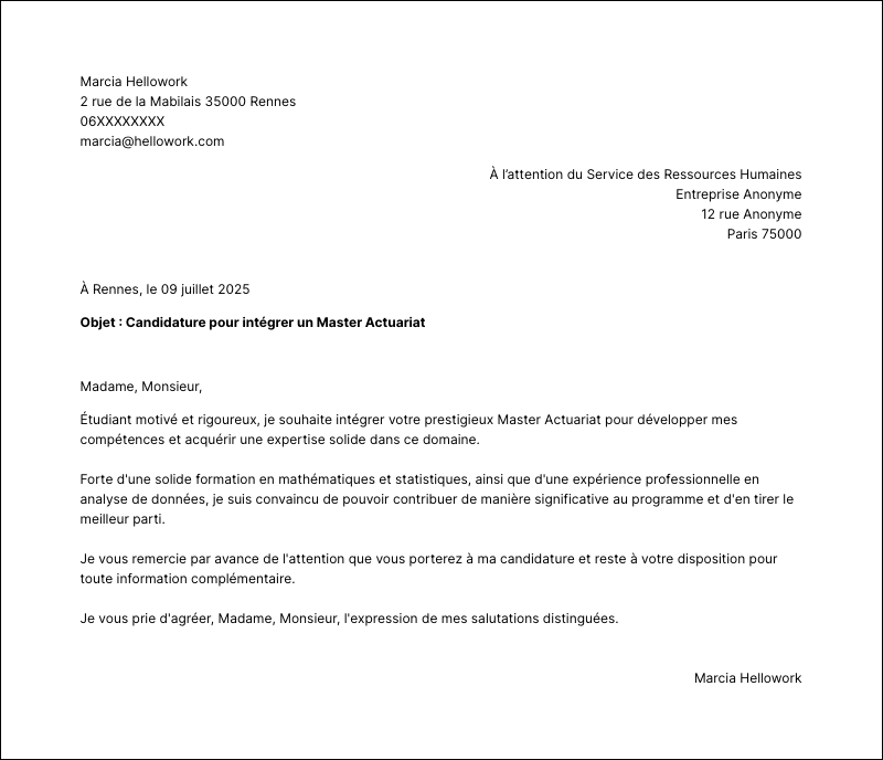 Modèle lettre de motivation Master Actuariat Exemple lettre de motivation Master Actuariat