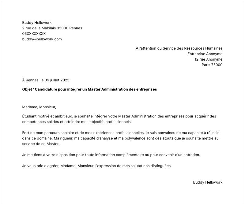Exemple lettre de motivation Master Administration des entreprises