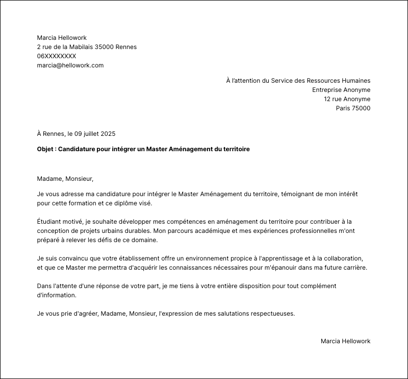 Exemple lettre de motivation Master Aménagement du territoire