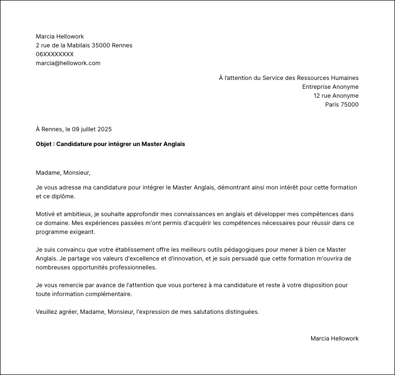 Modèle lettre de motivation Master Anglais Exemple lettre de motivation Master Anglais