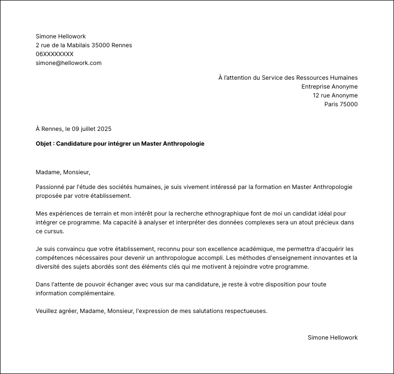 Exemple lettre de motivation Master Anthropologie