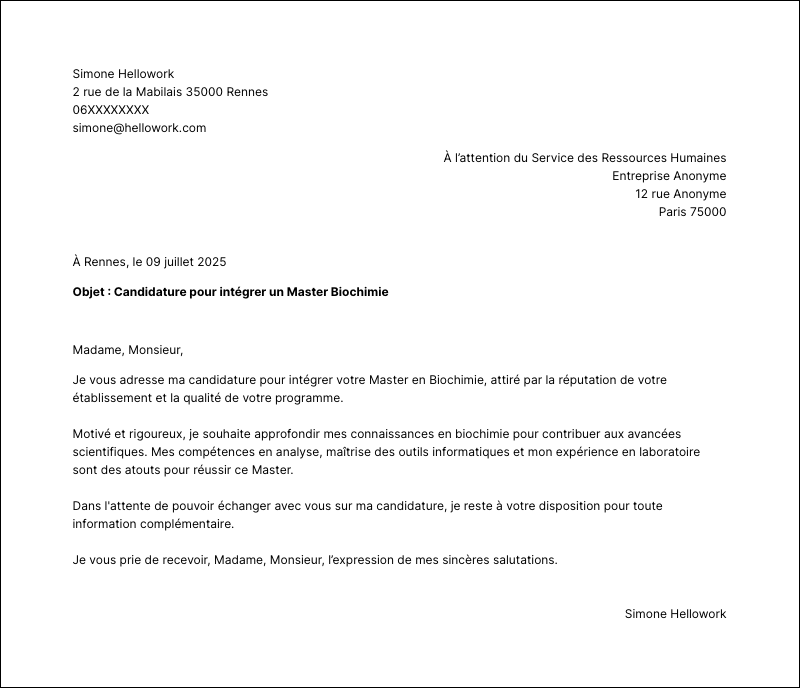 Modèle lettre de motivation Master Biochimie Exemple lettre de motivation Master Biochimie