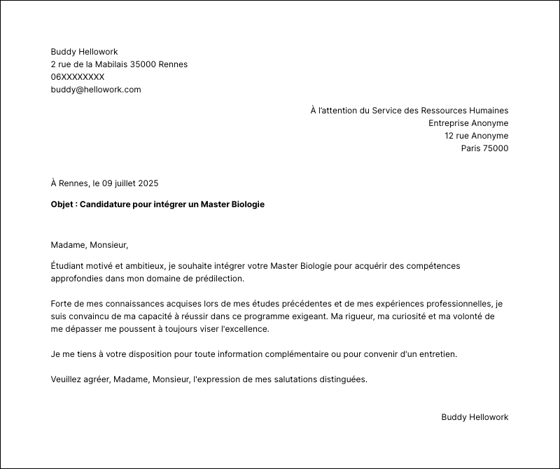 Modèle lettre de motivation Master Biologie Exemple lettre de motivation Master Biologie