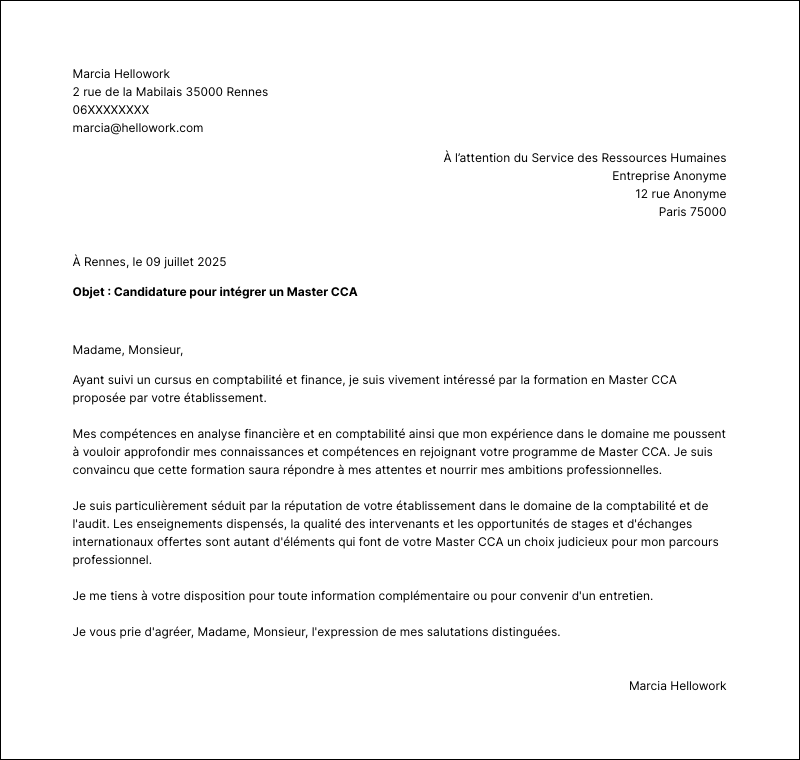 Exemple lettre de motivation Master CCA