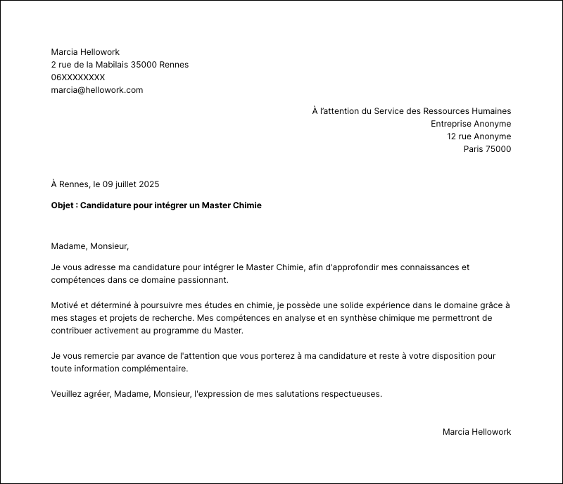 Modèle lettre de motivation Master Chimie Exemple lettre de motivation Master Chimie