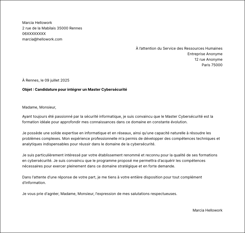 Exemple lettre de motivation Master Cybersécurité