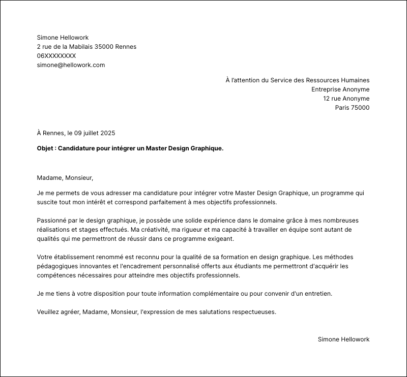 Modèle lettre de motivation Master Design Graphique Exemple lettre de motivation Master Design Graphique