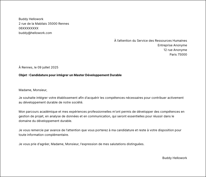 Modèle lettre de motivation Master Développement Durable Exemple lettre de motivation Master Développement Durable