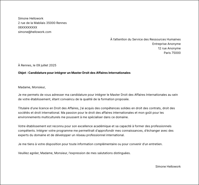 Exemple lettre de motivation Master Droit des Affaires Internationales