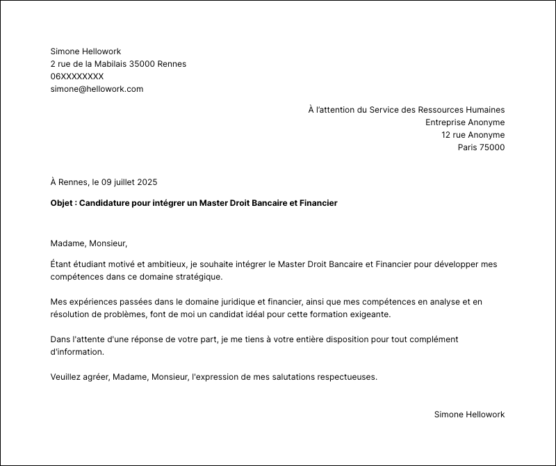 Modèle lettre de motivation Master Droit Bancaire et Financier Exemple lettre de motivation Master Droit Bancaire et Financier