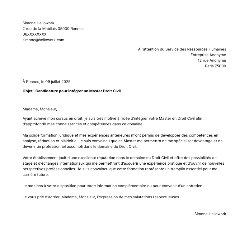 Exemple lettre de motivation Master Droit Civil