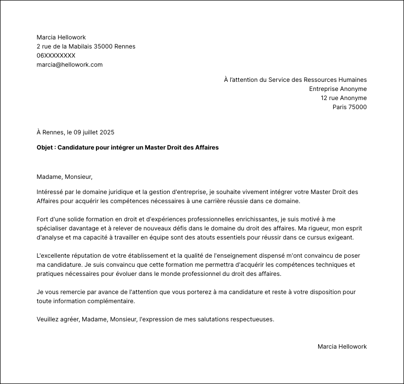 Modèle lettre de motivation Master Droit des Affaires Exemple lettre de motivation Master Droit des Affaires