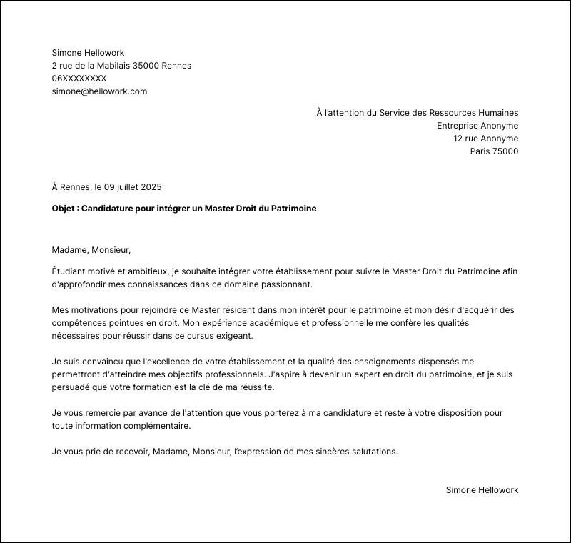 Modèle lettre de motivation Master Droit du Patrimoine Exemple lettre de motivation Master Droit du Patrimoine