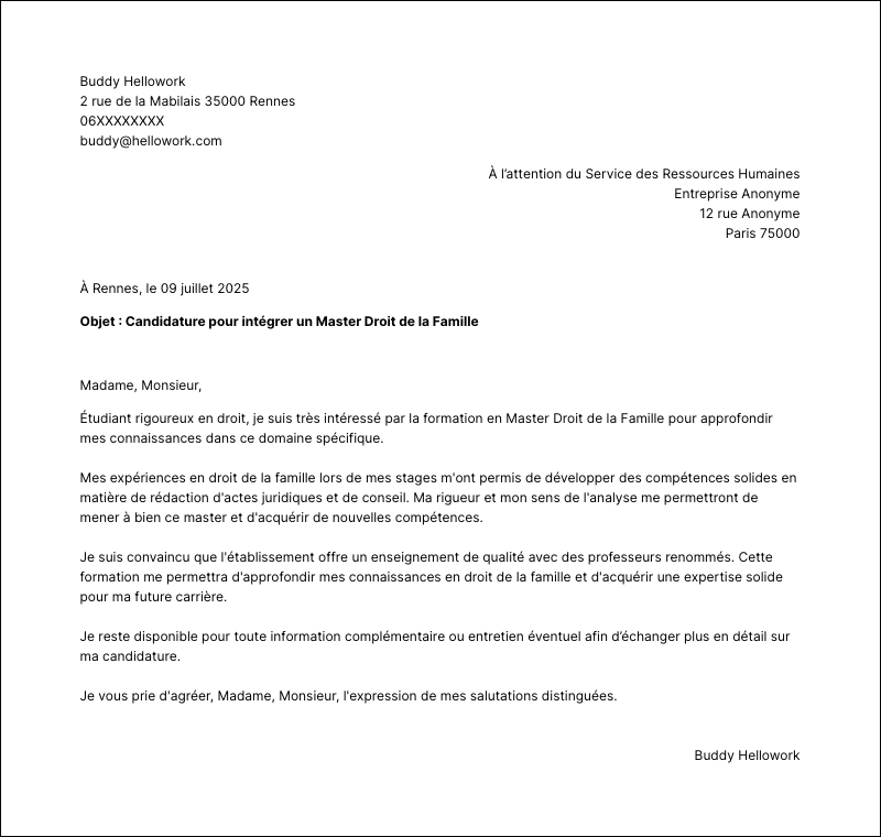 Modèle lettre de motivation Master Droit de la Famille Exemple lettre de motivation Master Droit de la Famille