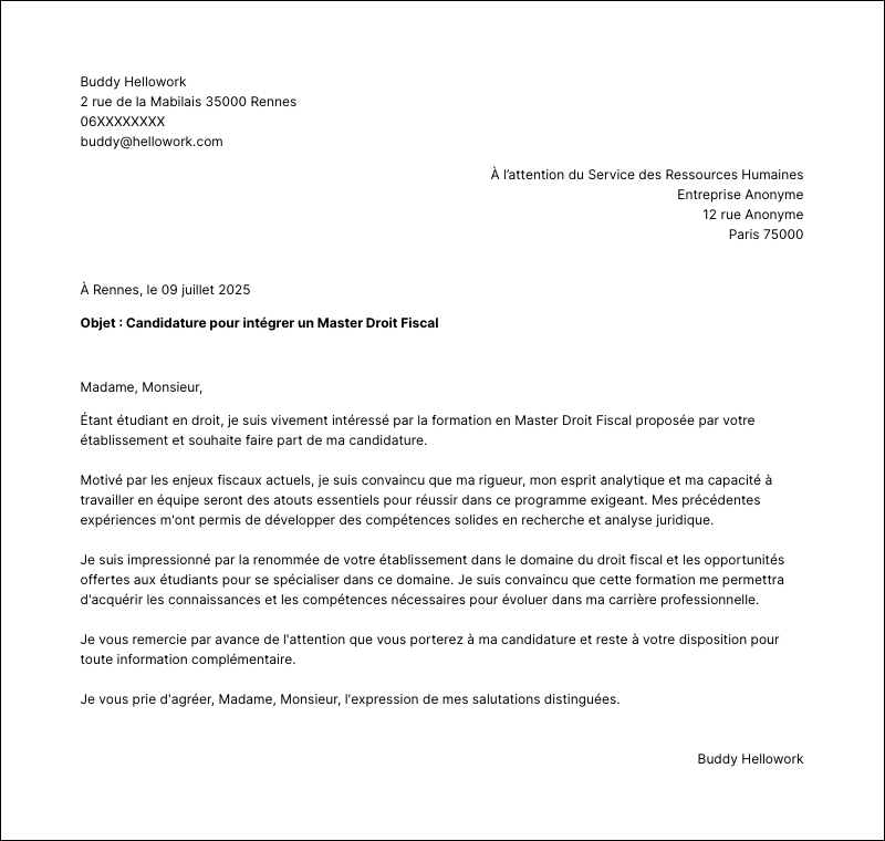Modèle lettre de motivation Master Droit Fiscal Exemple lettre de motivation Master Droit Fiscal