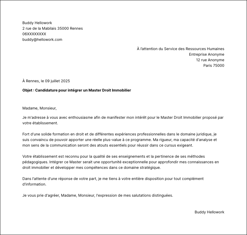 Exemple lettre de motivation Master Droit Immobilier