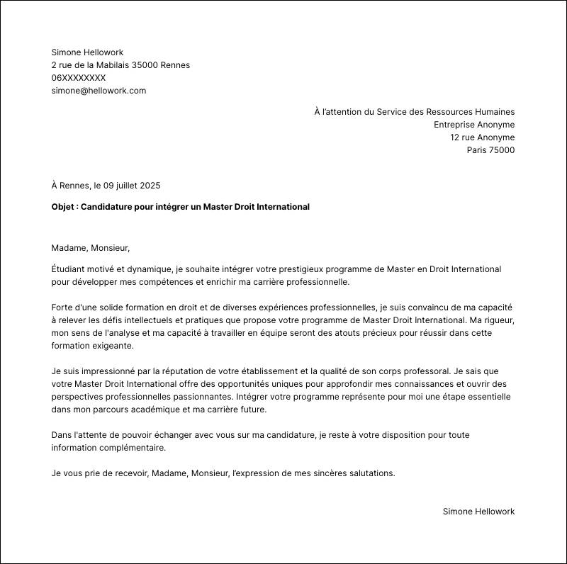 Modèle lettre de motivation Master Droit International Exemple lettre de motivation Master Droit International