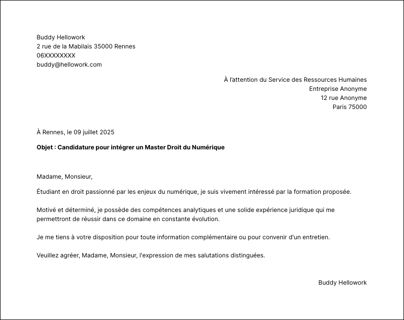 Modèle lettre de motivation Master Droit du Numérique Exemple lettre de motivation Master Droit du Numérique