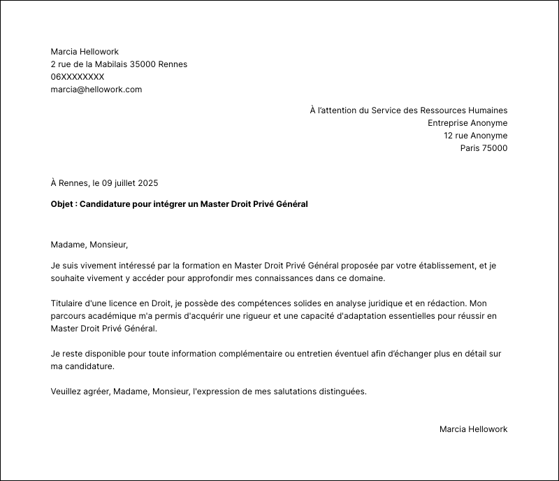 Modèle lettre de motivation Master Droit Privé Général Exemple lettre de motivation Master Droit Privé Général