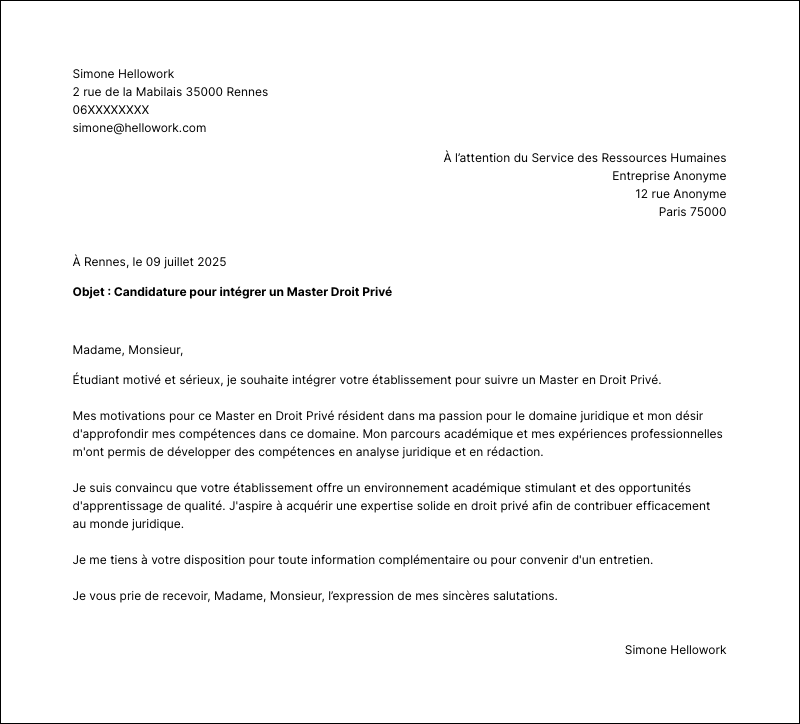Modèle lettre de motivation Master Droit Privé Exemple lettre de motivation Master Droit Privé